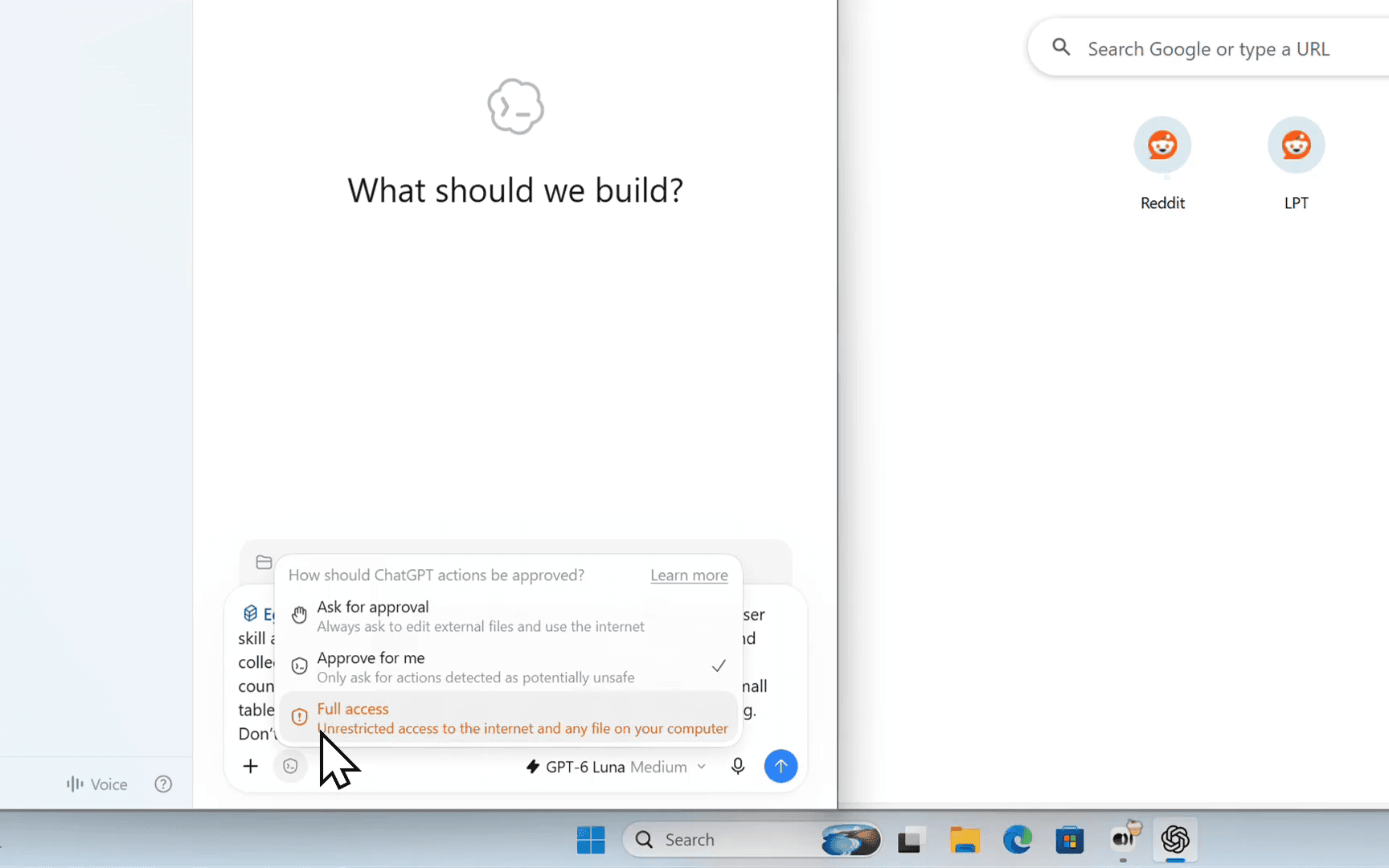 Selecting Full access in the Codex permission menu on Windows