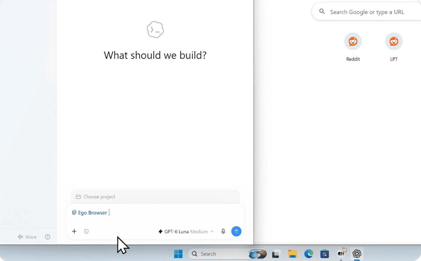 Ego Browser selected in the Codex input box on Windows