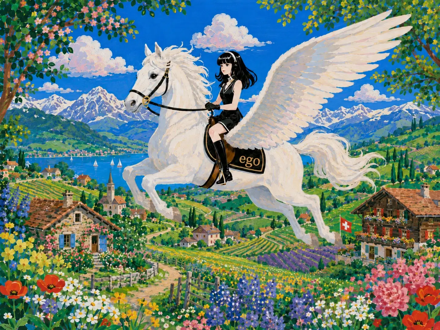 Hermes Agent riding a white winged horse over an alpine village and lake, symbolizing an agent taking flight with ego(lite)