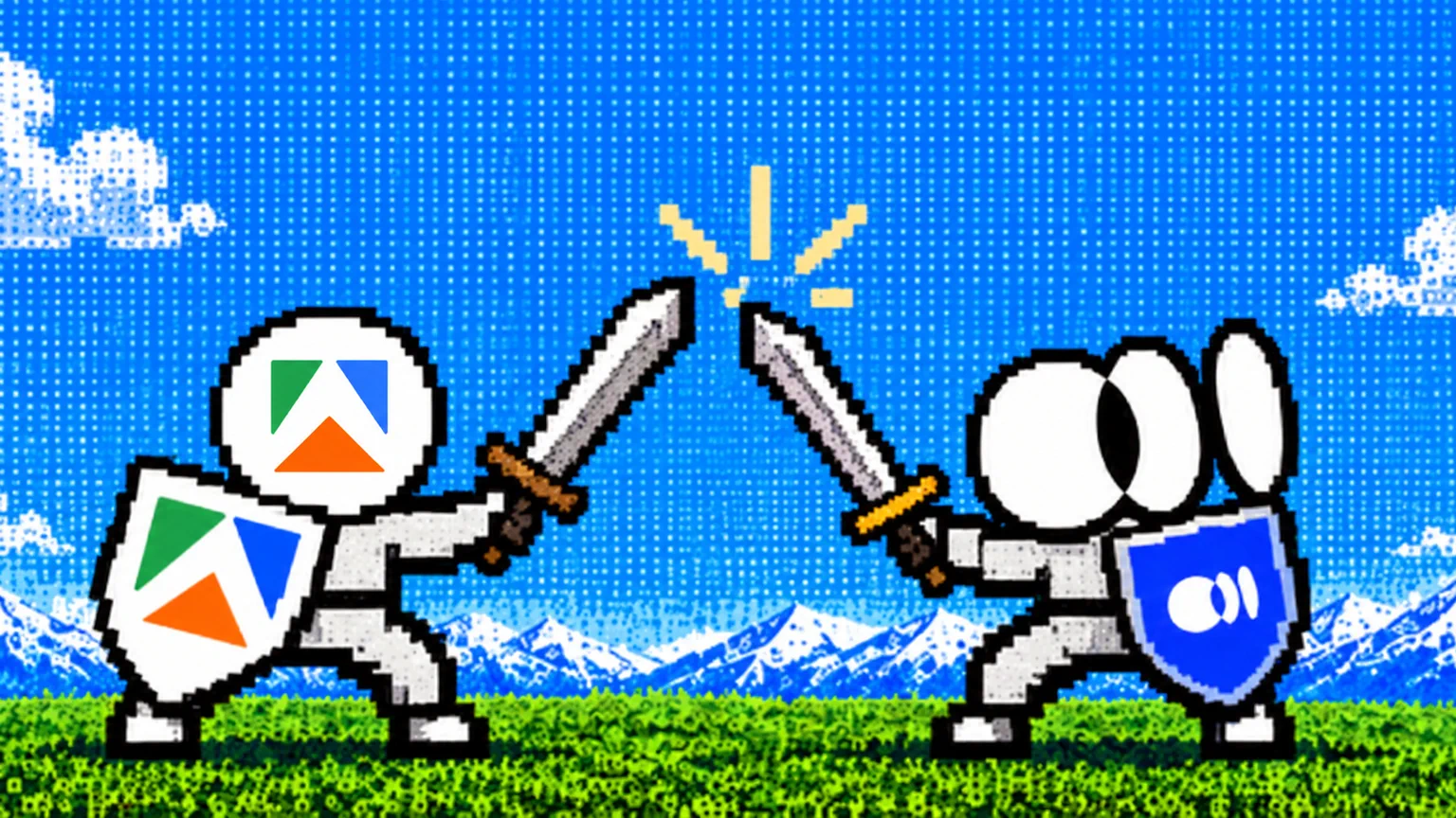 Pixel-art knight carrying the Apify emblem crossing swords with a knight carrying the ego (lite) shield
