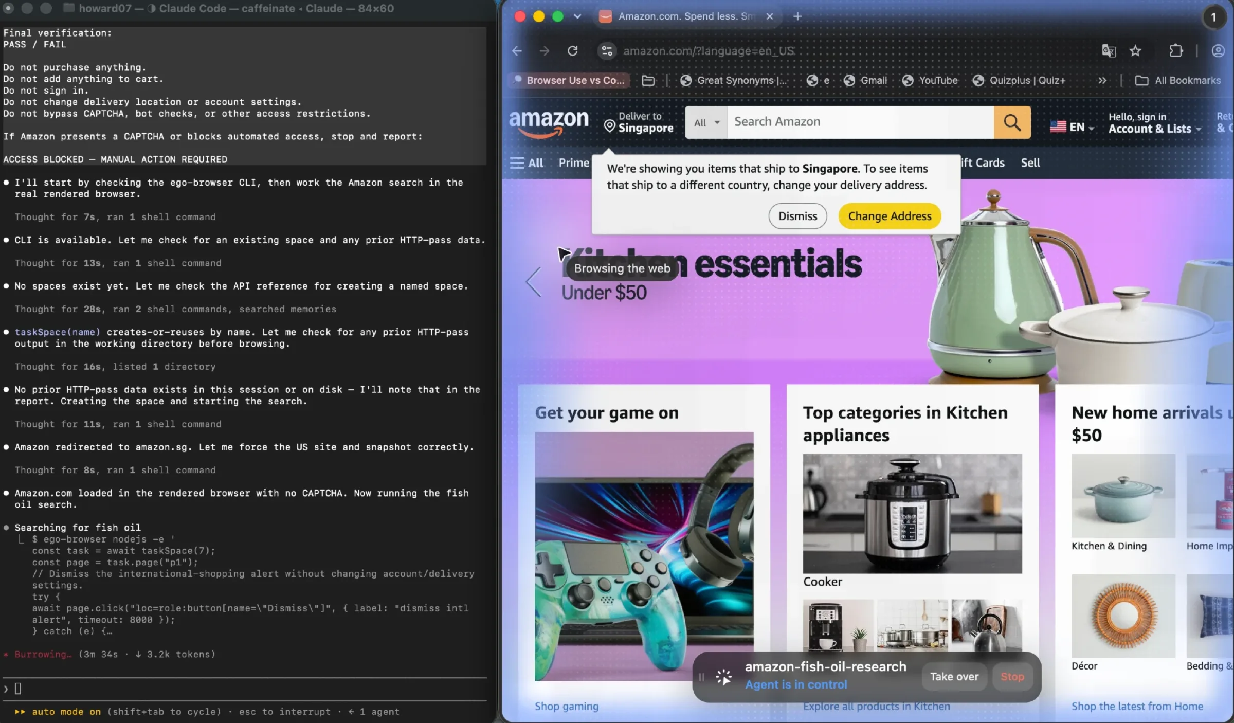 An ego (lite) Space labelled amazon-fish-oil-research with Agent is in control, showing the Amazon homepage with the Deliver to Singapore notice and a dismissal script in the terminal