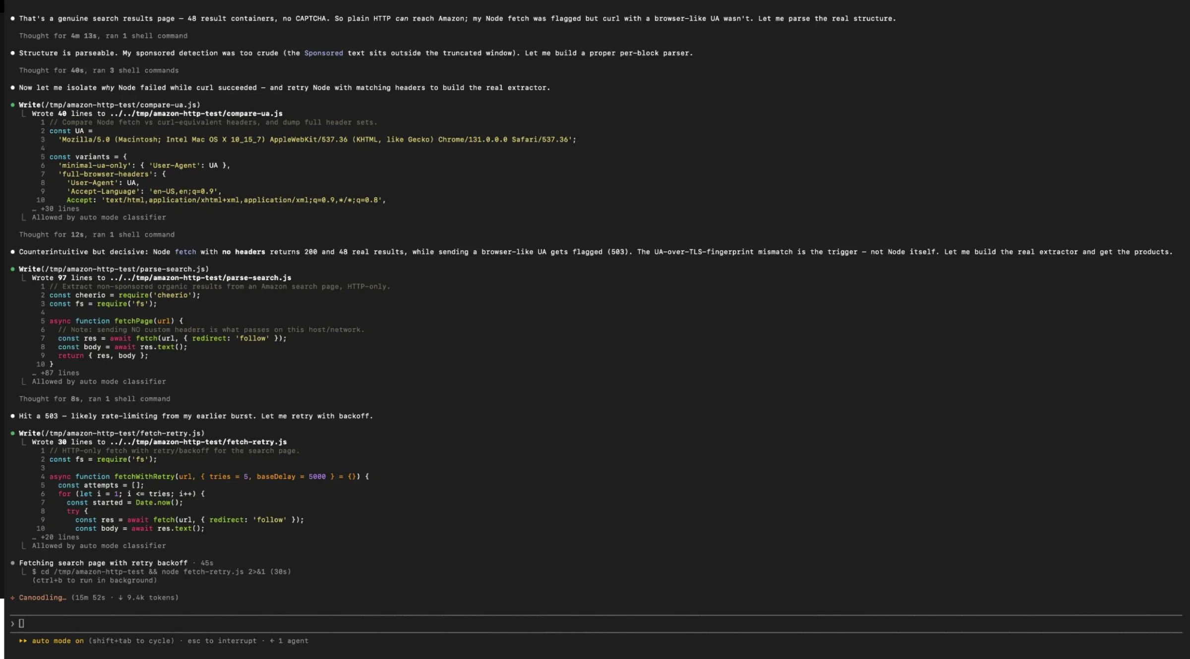 A comparison script testing three header sets, with Node fetch returning 200 and 48 results when no headers are sent and 503 when a browser user agent is sent