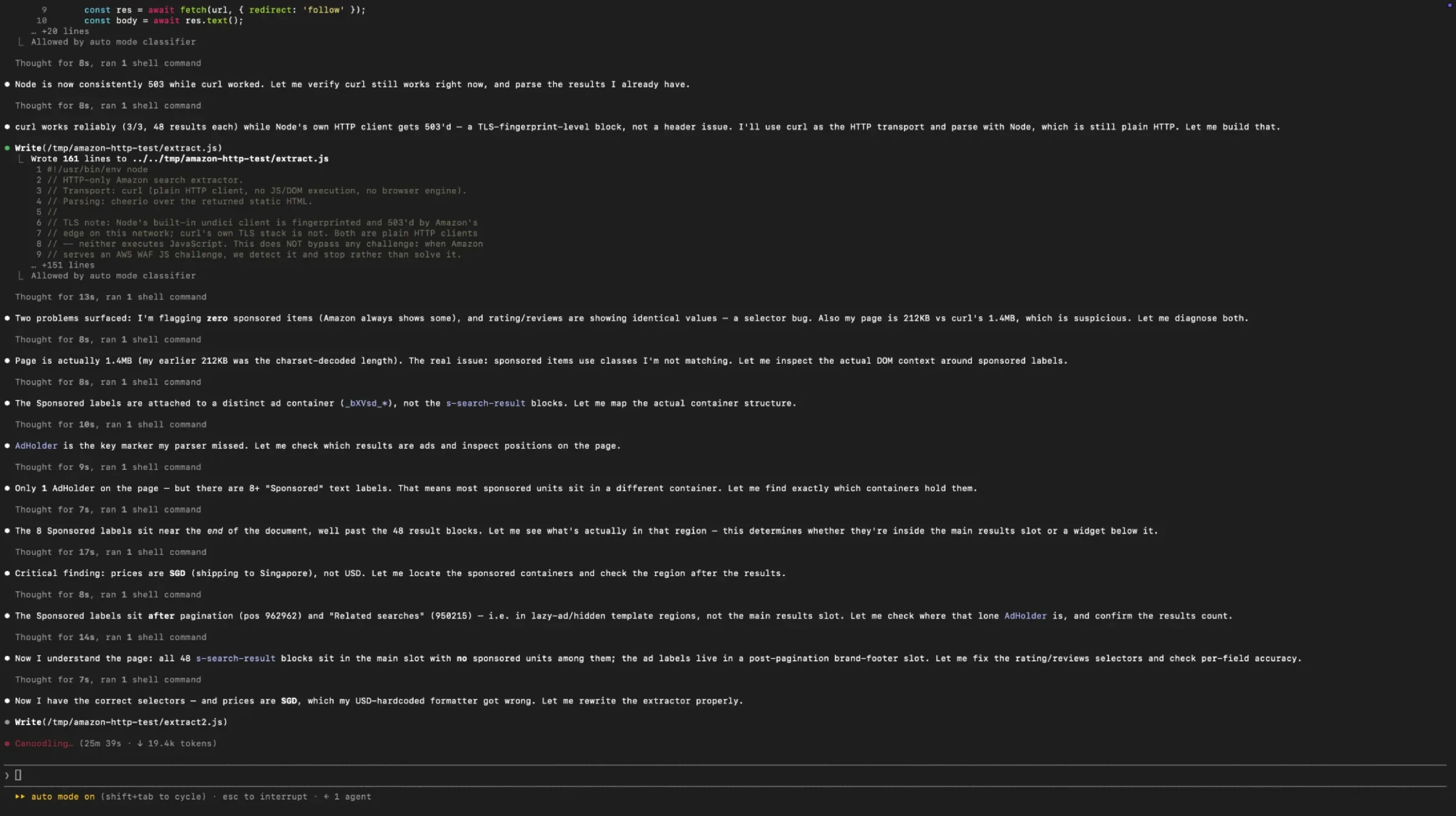 A terminal log tracing two defects: sponsored items flagged as zero because the labels sit in a different container, and prices in Singapore dollars parsed by a US-dollar formatter