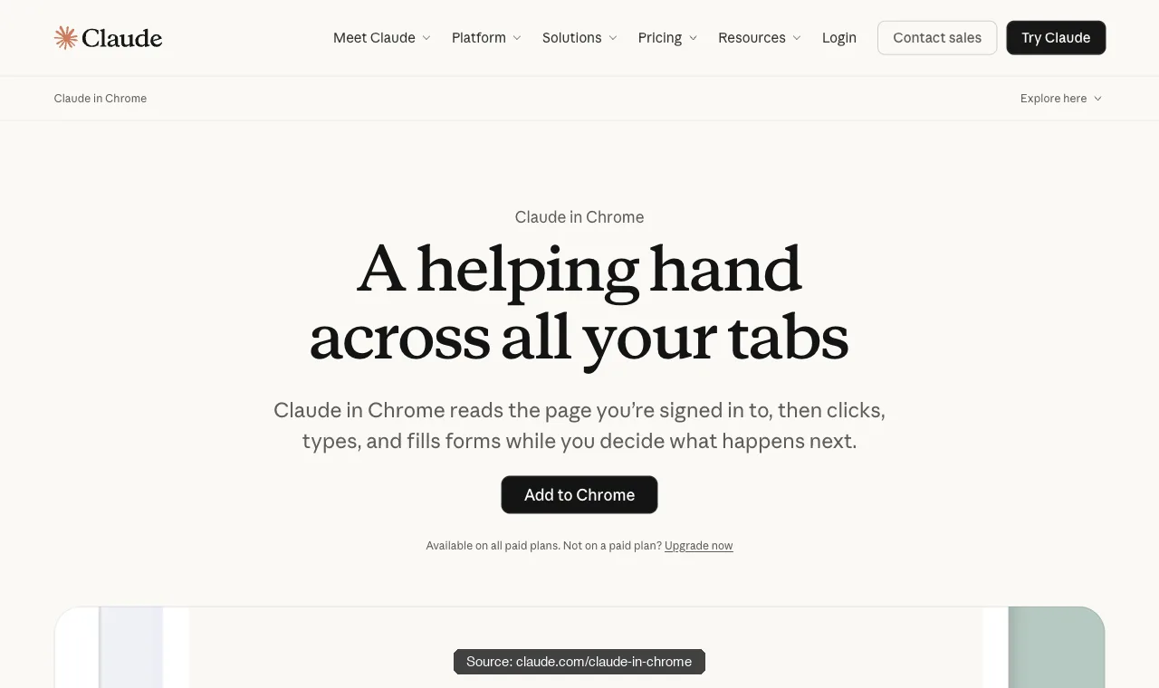 Anthropic's Claude in Chrome page: the extension reads the page you're signed in to, then clicks, types, and fills forms; available on all paid plans