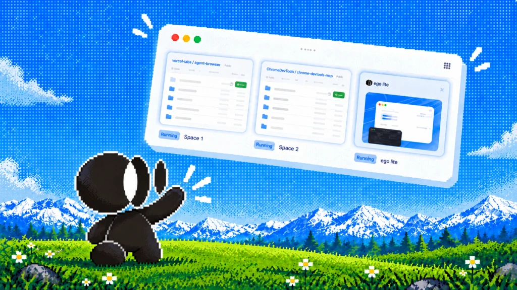 Illustrated browser Spaces for agent-browser, Chrome DevTools MCP, and ego (lite) above a mountain landscape