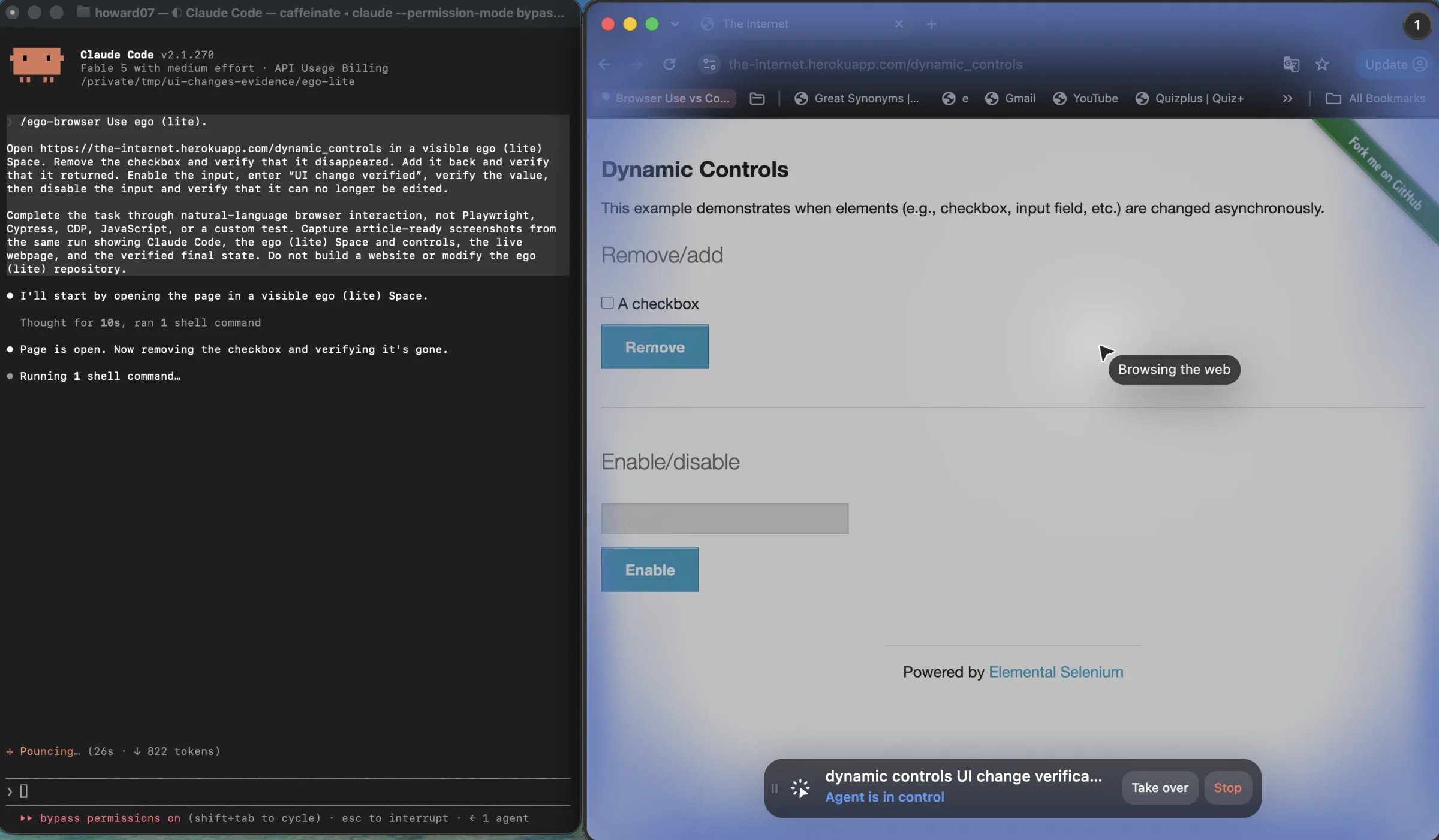 Claude Code on the left controlling a live ego (lite) Space on the right, with the Dynamic Controls page and Agent is in control, Take over, and Stop visible