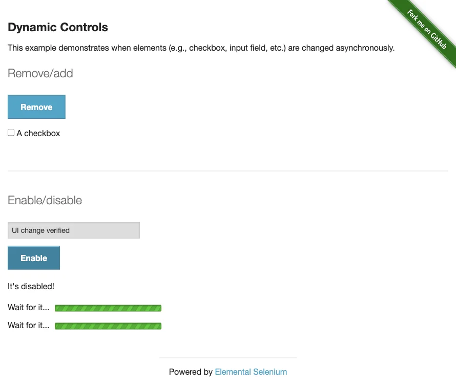 Dynamic Controls final state with the checkbox restored, UI change verified retained in the disabled input, and the Enable button visible