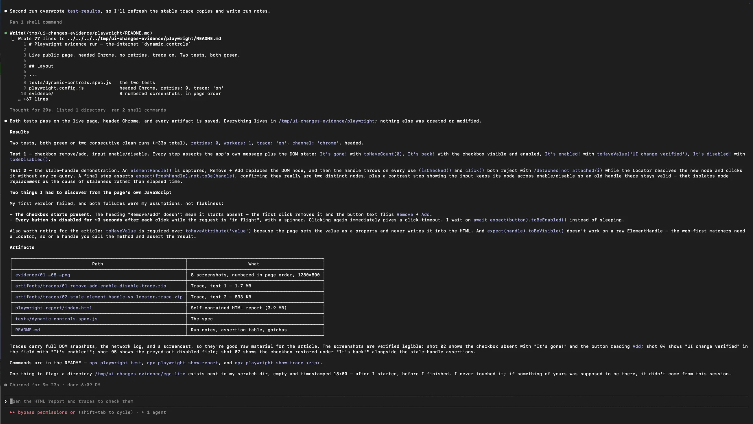 Playwright Test evidence summary showing two passing tests, zero retries, eight screenshots, two trace files, and one HTML report