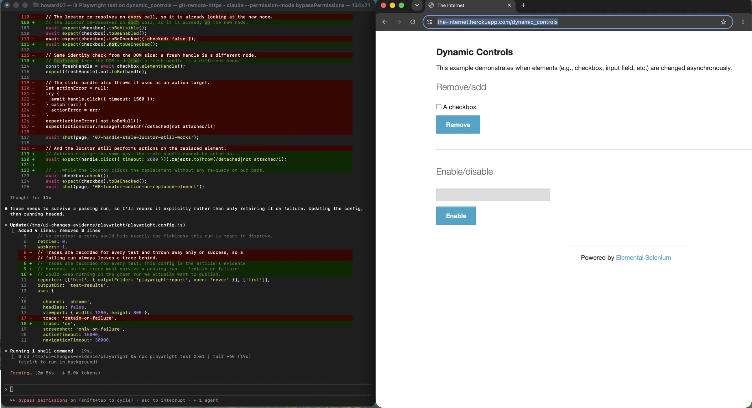 Playwright test and live Dynamic Controls page showing the stale element-handle check, locator action, and trace configuration