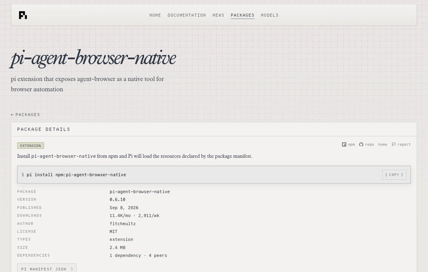 Pi package page for pi-agent-browser-native version 0.6.10
