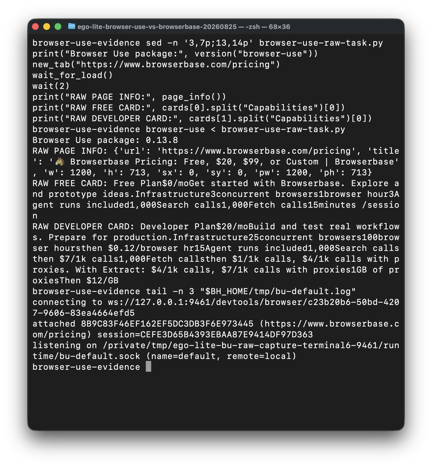 Browser Use 0.13.8 terminal transcript showing the CLI command, pricing-page return, and local CDP daemon logs