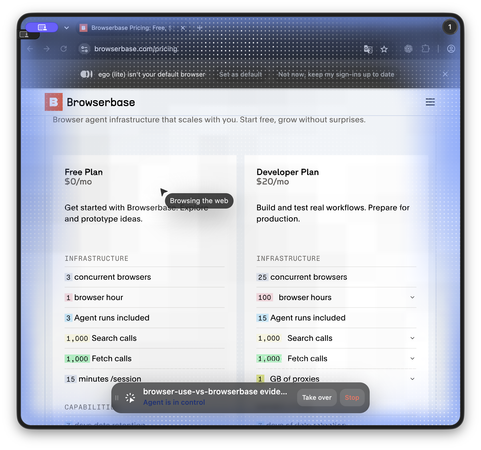 Live ego (lite) Space on Browserbase pricing with blue Space treatment and Agent is in control panel