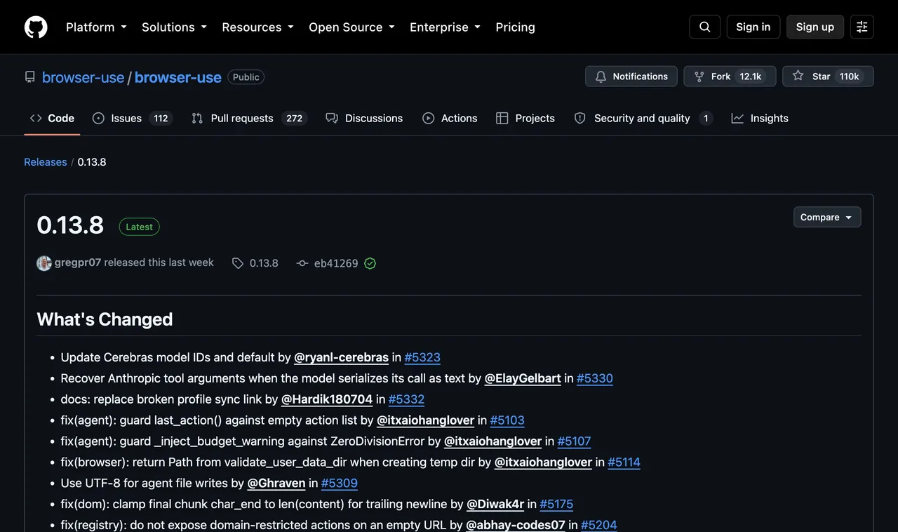 Anonymous GitHub release page for Browser Use version 0.13.8 reached during the local run