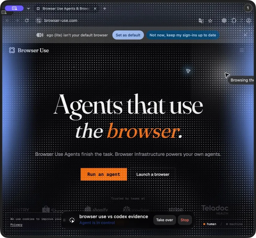 ego (lite) Space showing the Browser Use homepage with Agent is in control, Take over, and Stop controls