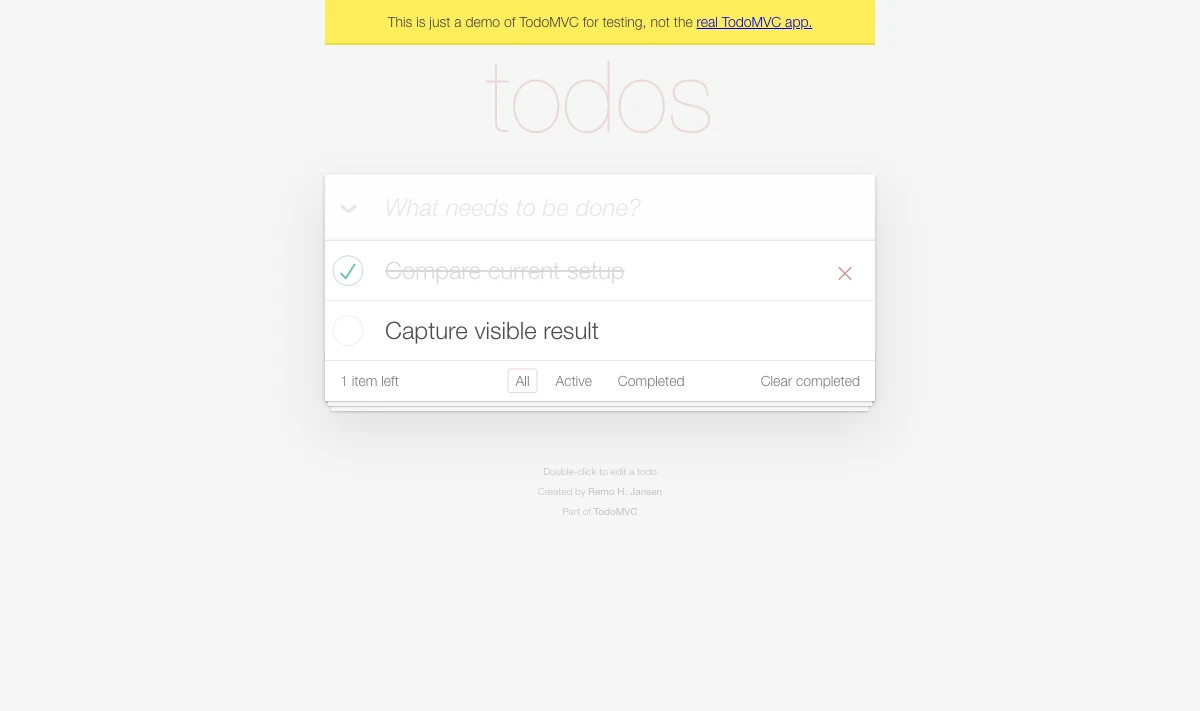 TodoMVC page with Compare current setup completed, Capture visible result active, and one item left
