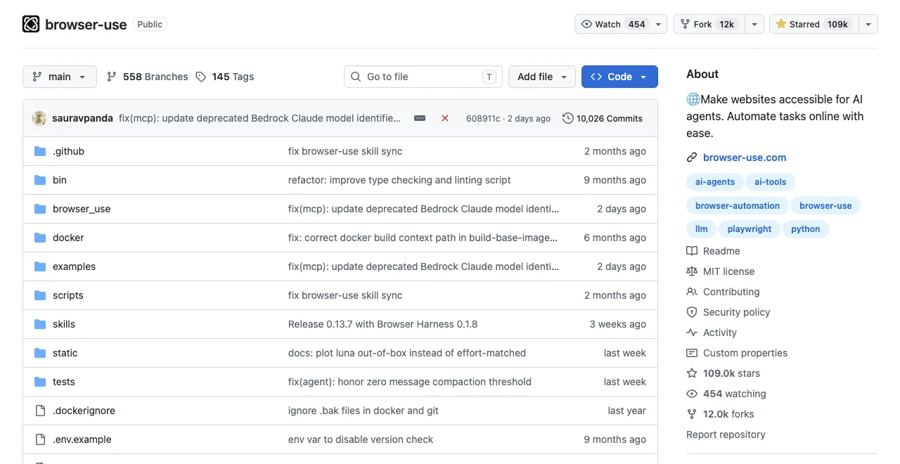 The browser-use GitHub repository, MIT license, 110k stars, actively developed