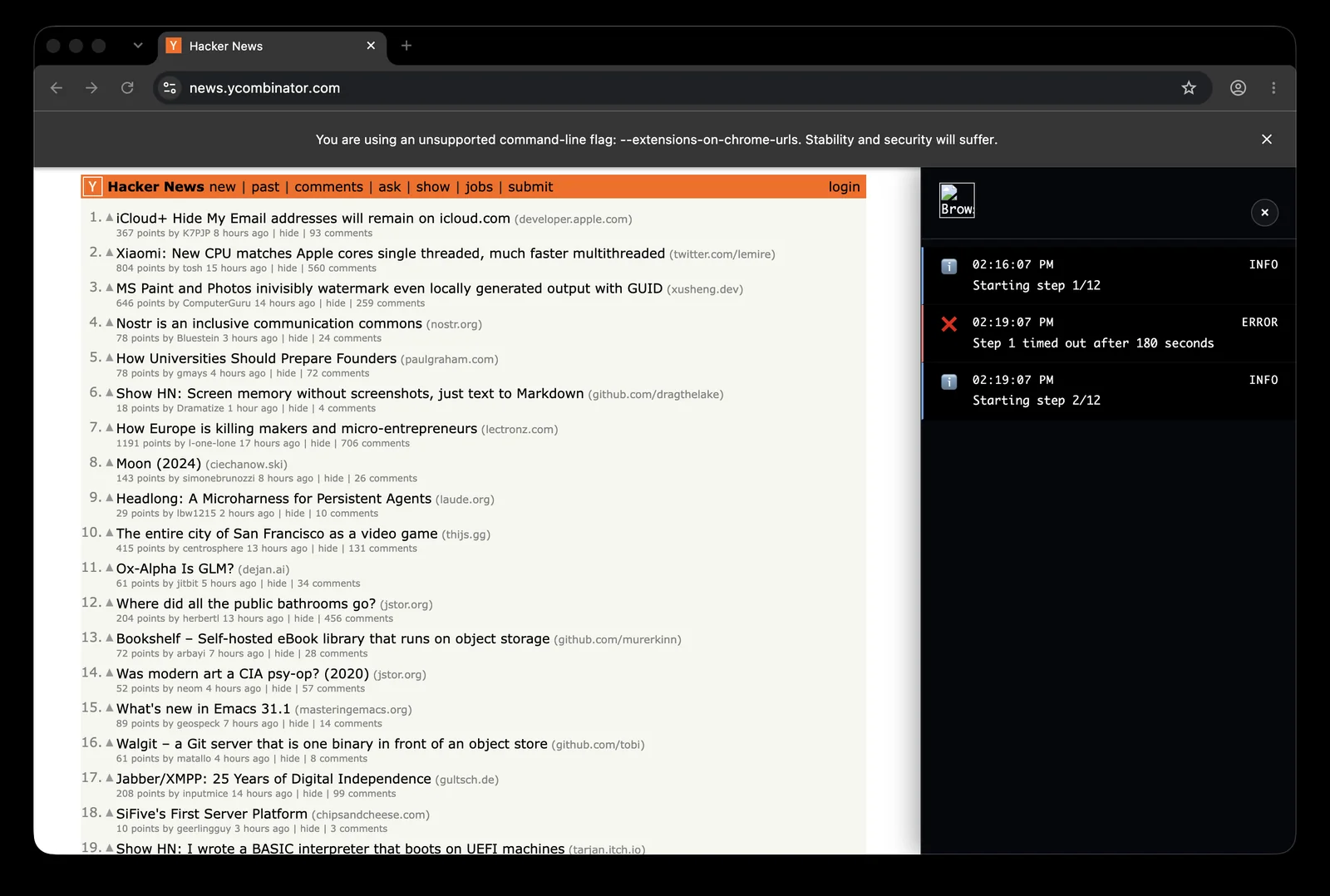 Browser Use 0.13.8 demo panel beside Hacker News showing step 1 timed out after 180 seconds and step 2 starting
