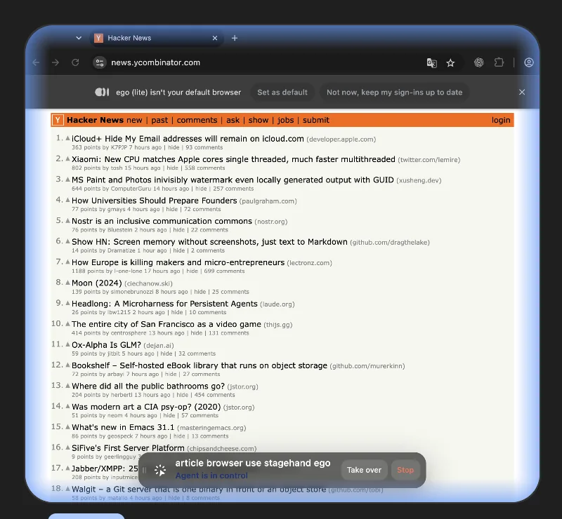 ego (lite) agent Space running Hacker News with Agent is in control, Take over, and Stop controls visible