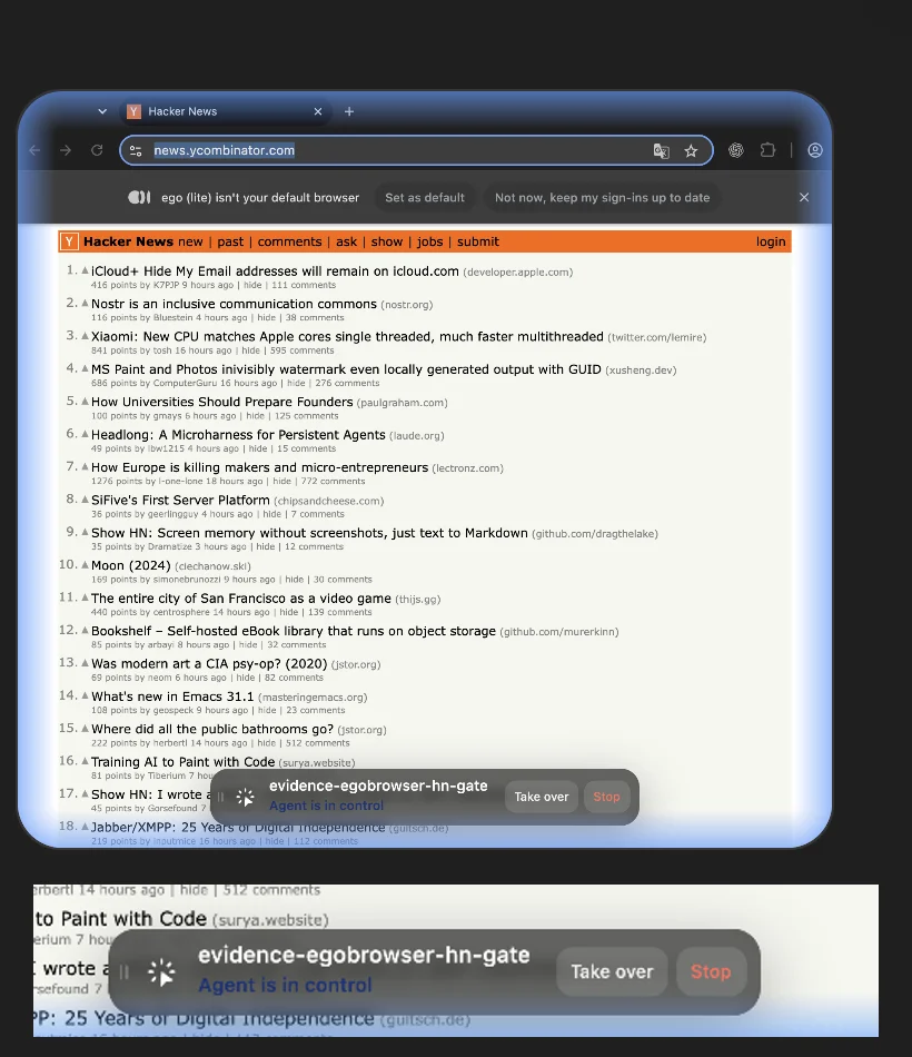 A live ego (lite) Space named evidence-egobrowser-hn-gate showing Hacker News with the complete blue Space boundary and an enlarged crop of the task controls and Agent is in control status