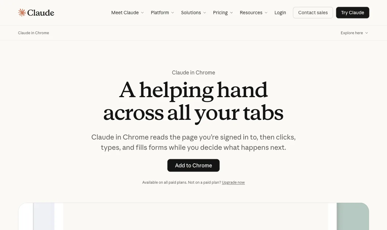 Anthropic's Claude in Chrome page describing an extension that reads the page you're signed in to, then clicks, types, and fills forms