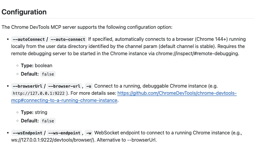 Chrome DevTools MCP configuration documentation for the --autoConnect flag, which attaches an agent to your signed-in Chrome on version 144 and later