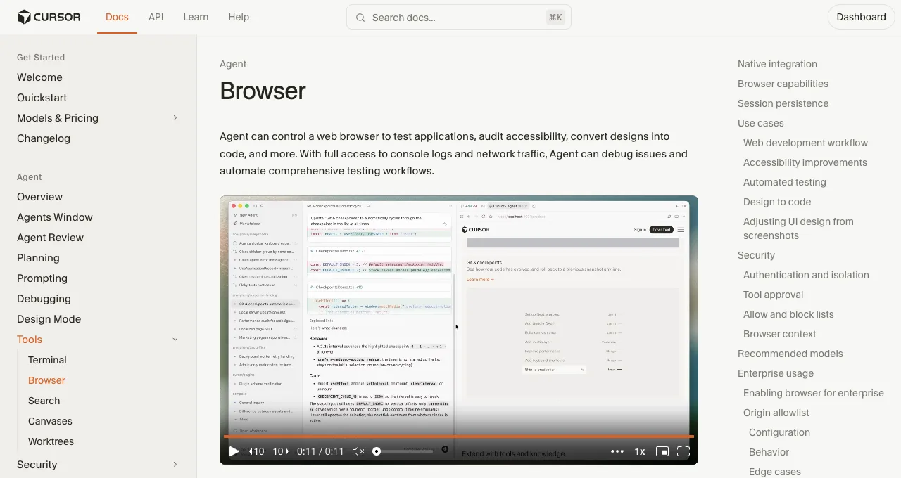 Cursor's Browser documentation showing an agent-controlled web view intended for testing applications, with console and network access