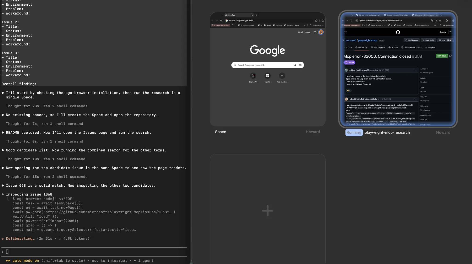 Two ego (lite) Spaces side by side: a search page in one and a GitHub issue thread open in the other, both marked as running under agent control with a take-over button
