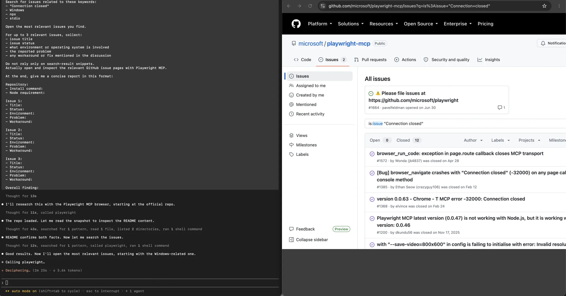 A Claude Code terminal running under Playwright MCP beside the microsoft/playwright-mcp issue search results: the terminal shows the README and issue-search steps with token and elapsed-time counters, and the browser shows the query is:issue Connection closed returning twelve closed issues plus a notice pointing elsewhere