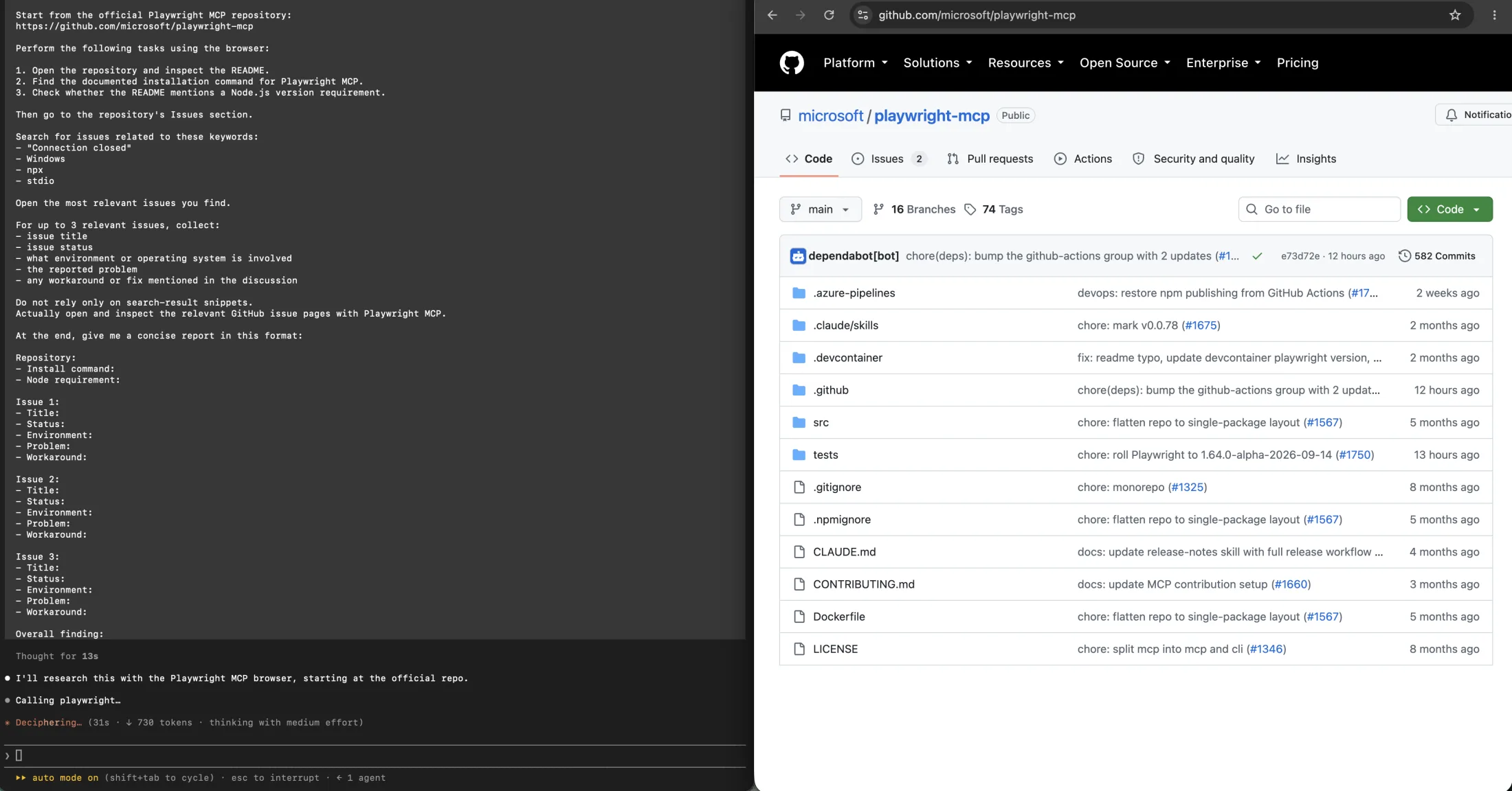 A Claude Code terminal beside the microsoft/playwright-mcp repository: the left pane lists the task instructions, including the three search keywords and the exact report format the run must return, and the right pane shows the repository front page