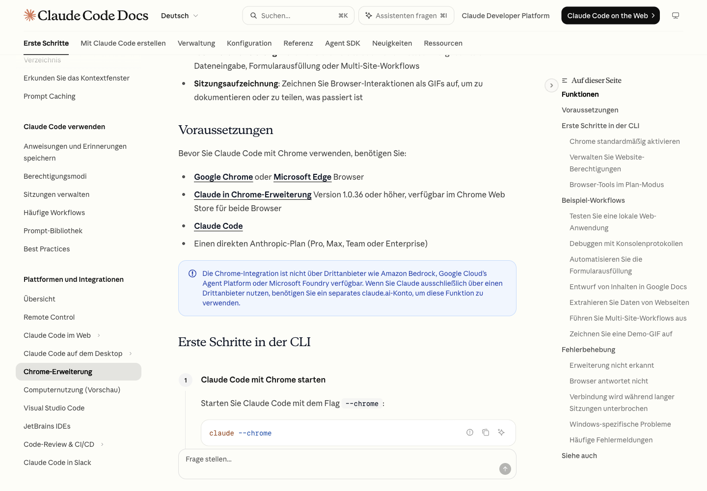 Offizielle Voraussetzungen der Claude-Code-Browserintegration mit unterstützten Browsern, Mindestversion der Erweiterung, Claude Code und berechtigten Anthropic-Tarifen
