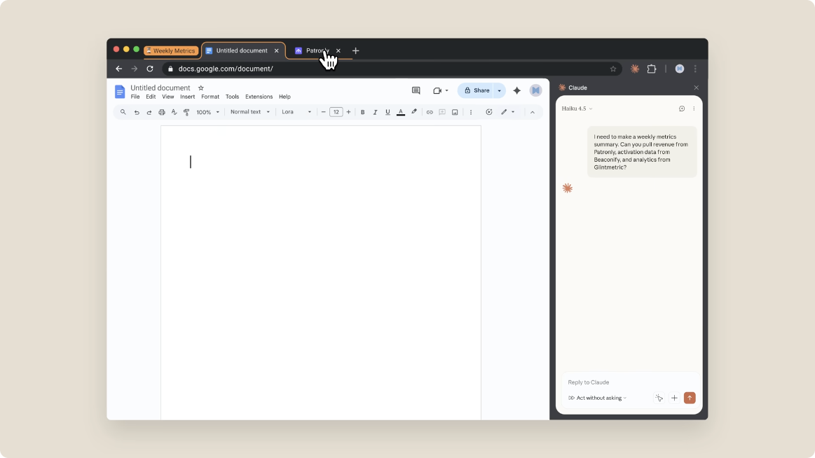 Anthropic's official Claude in Chrome demo showing dashboard tabs, a Google document, and the Claude side panel coordinating a weekly metrics task
