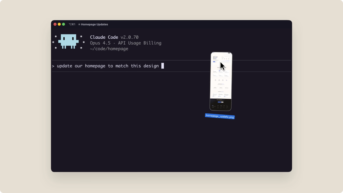 Anthropic's official demo showing a product screenshot attached to Claude Code for a homepage implementation and browser testing workflow