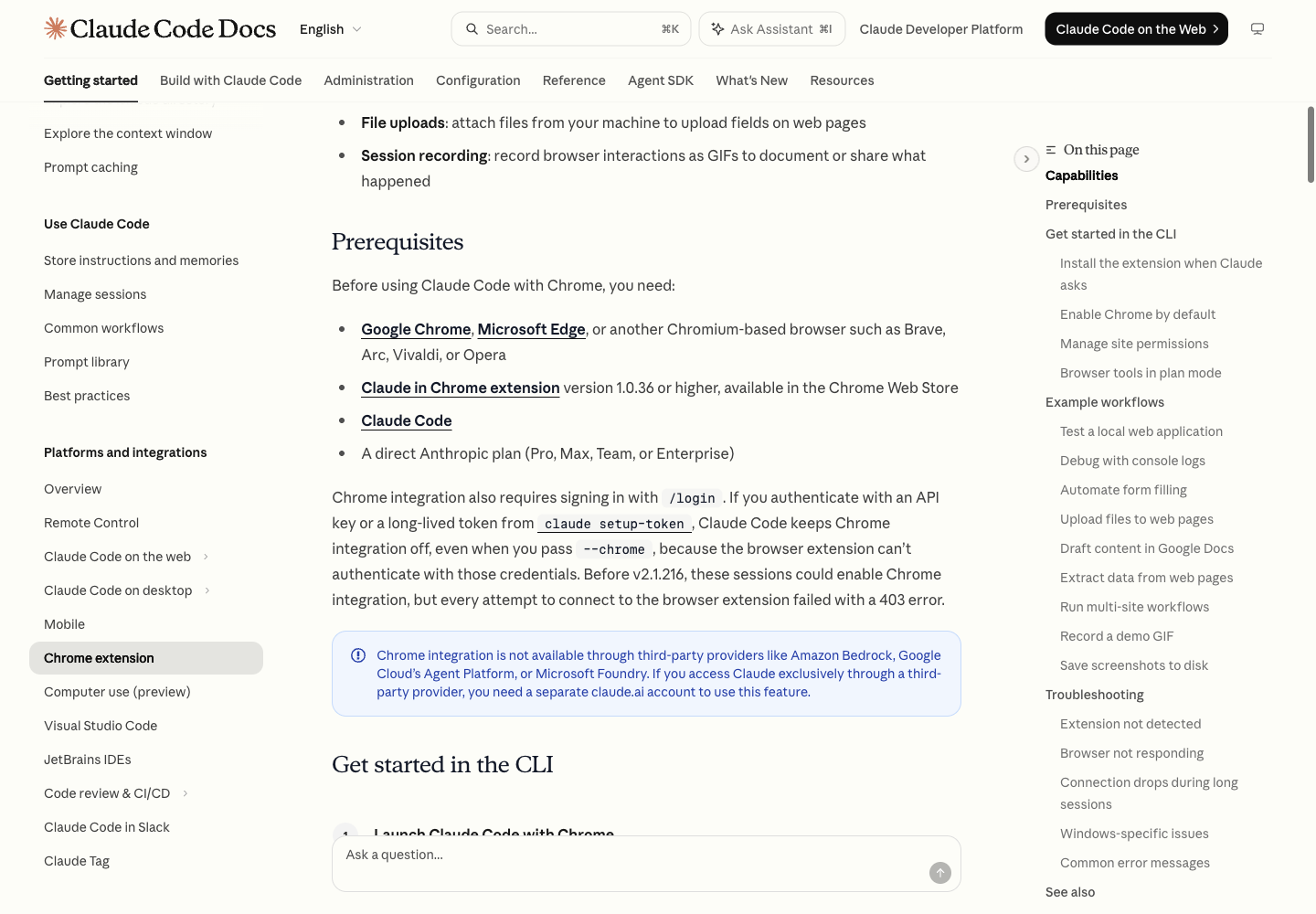Claude Code official browser integration requirements, including supported browsers, minimum extension version, Claude Code, and eligible Anthropic plans