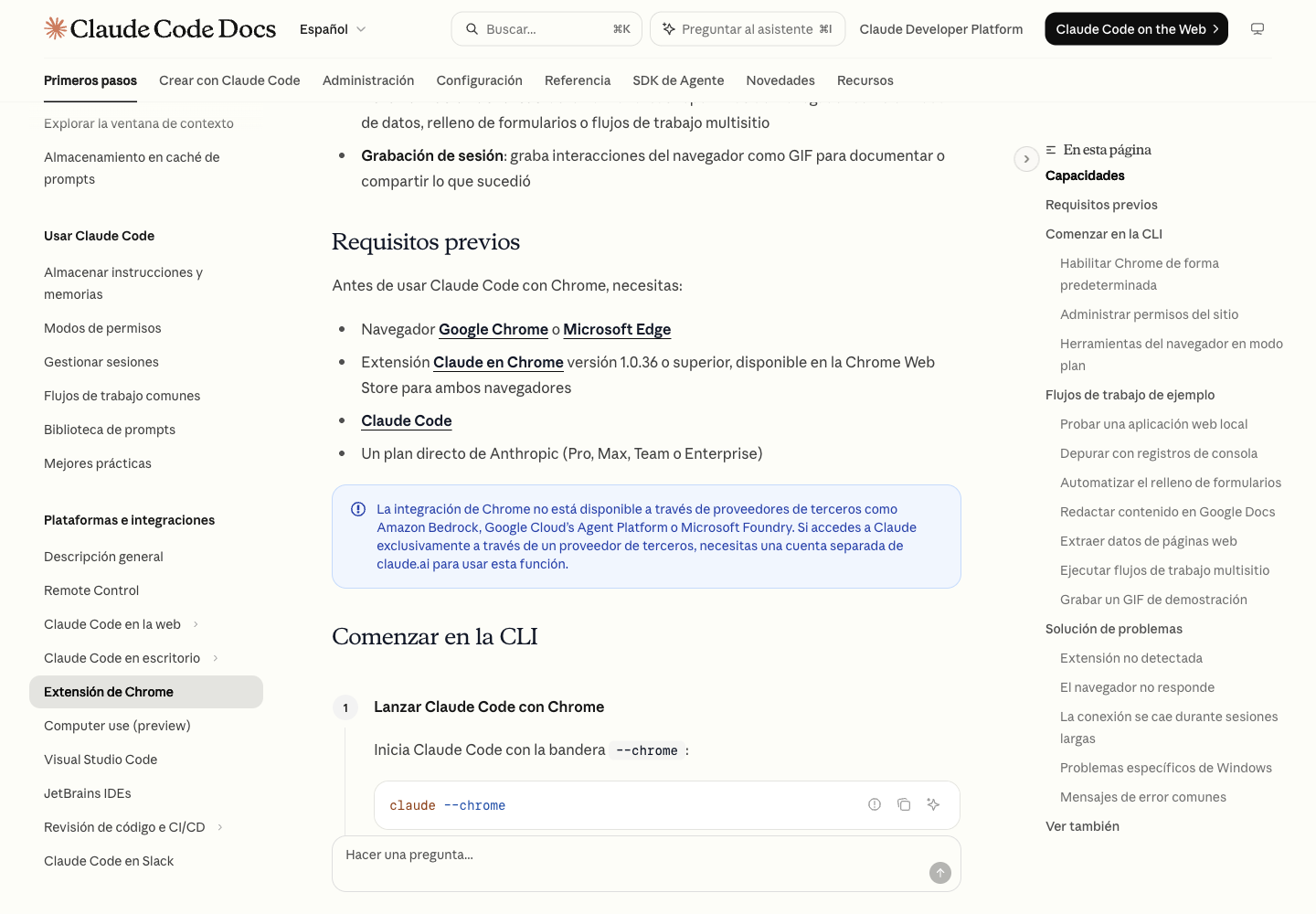 Requisitos oficiales de la integración de navegador de Claude Code, incluidos los navegadores compatibles, la versión mínima de la extensión, Claude Code y los planes de Anthropic admitidos