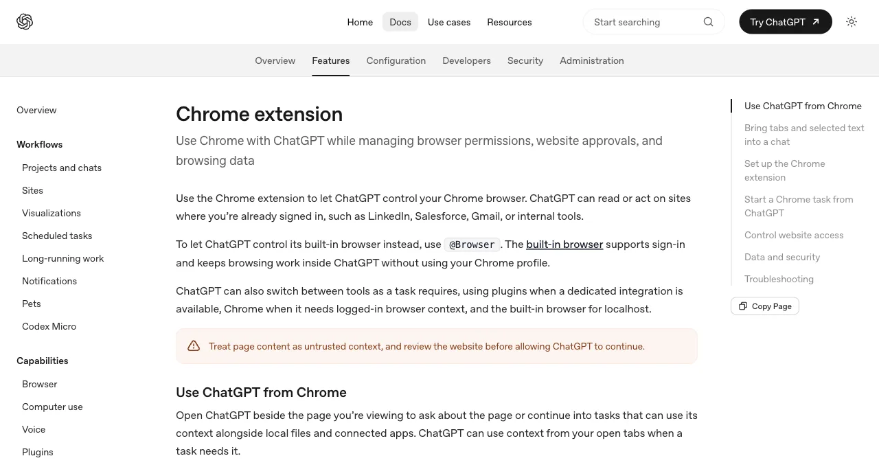 OpenAI's Chrome extension documentation on letting ChatGPT control your Chrome browser on signed-in sites