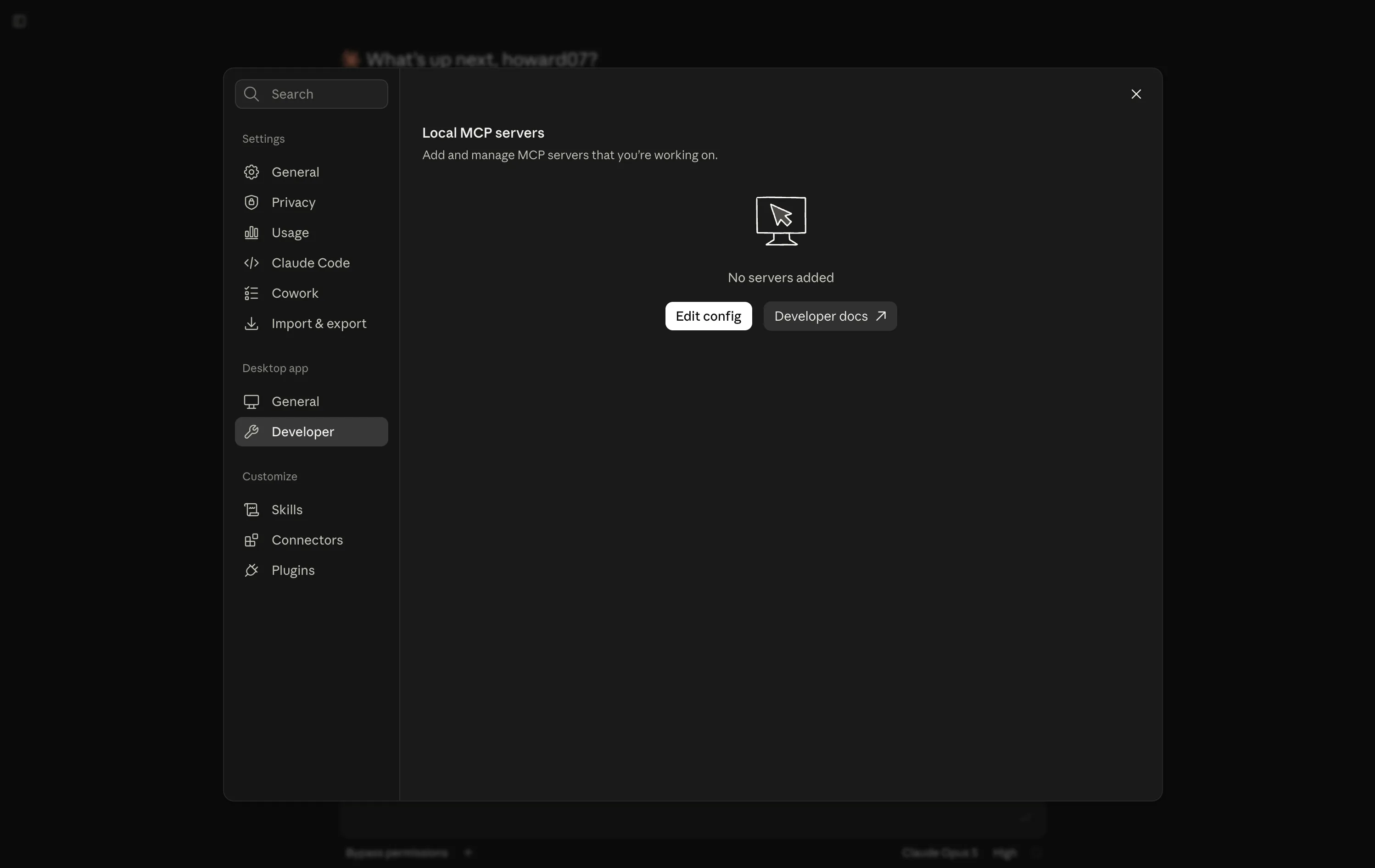 The Claude Desktop settings window with Developer selected in the sidebar, showing the Local MCP servers panel with an Edit config button, a Developer docs link, and a No servers added empty state.