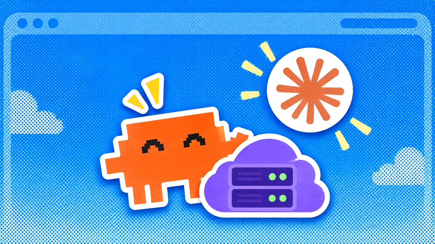 An orange pixel-faced agent reaching toward a purple cloud holding two servers, inside a blue browser window