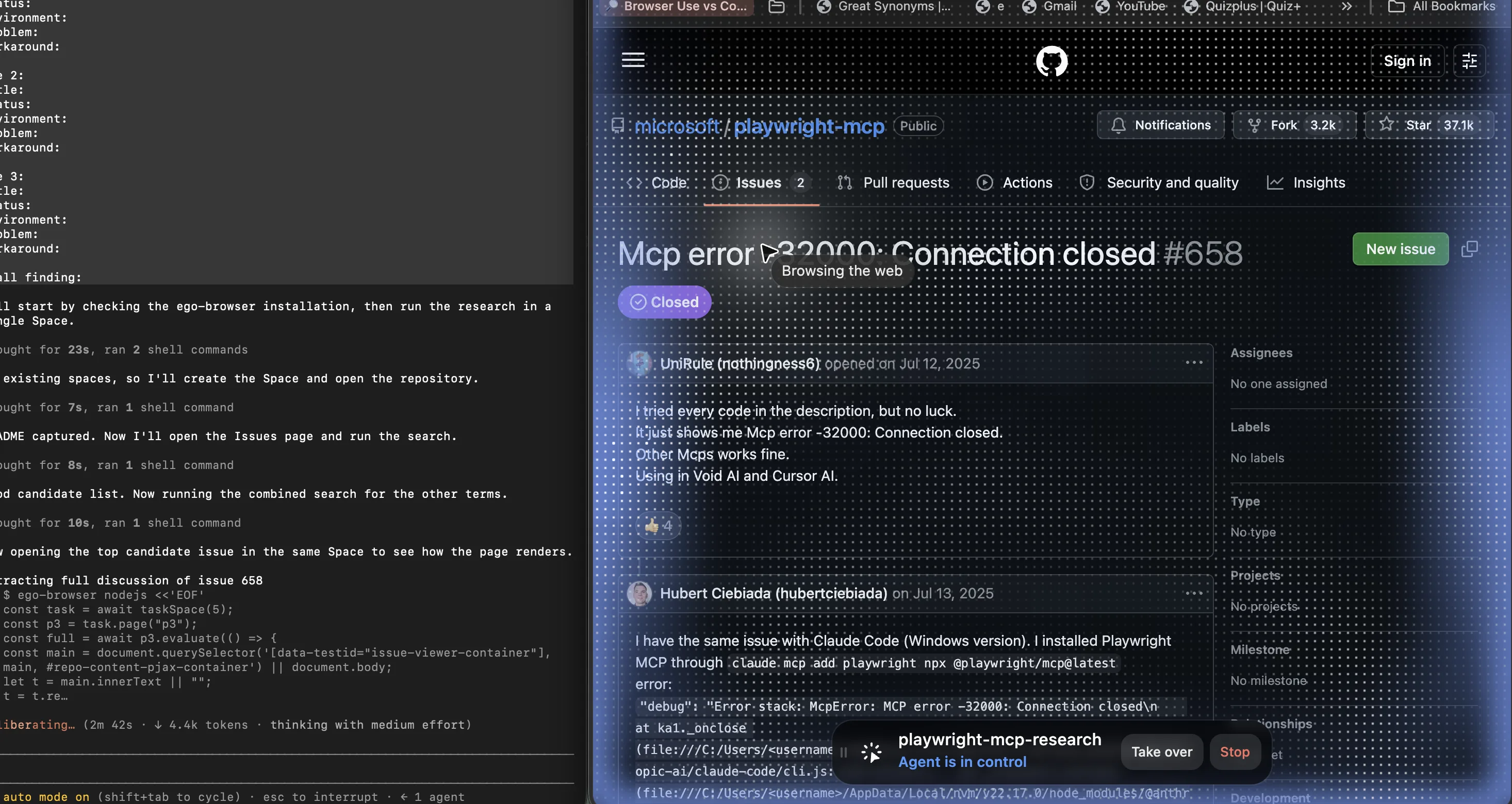A closed GitHub issue titled MCP error -32000: Connection closed in the microsoft/playwright-mcp repository. One reporter says every code sample in the description failed and that other MCP servers work fine; a second says the same error appears with Claude Code on Windows and shows the stack trace naming MCP error -32000.