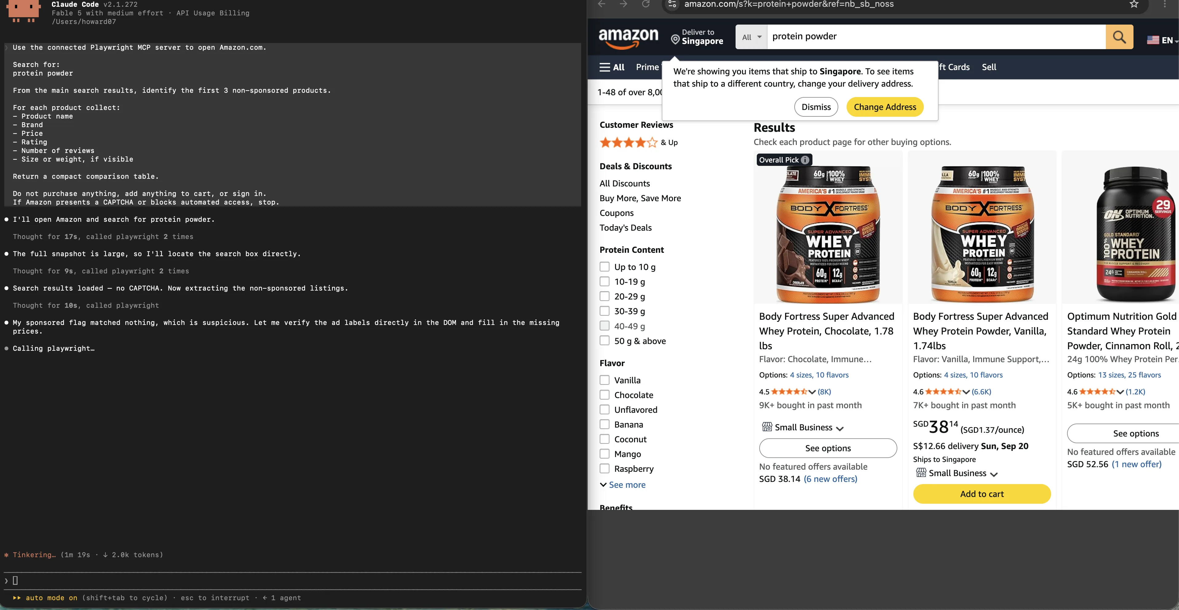 A browser MCP server driving a real Amazon search for protein powder. The terminal on the left holds a task that names the connected server, asks for the first three non-sponsored products, and states three limits in plain text: do not purchase or add anything to a cart, do not sign in, and stop if a CAPTCHA or automated-access block appears. The browser on the right shows the loaded results page.