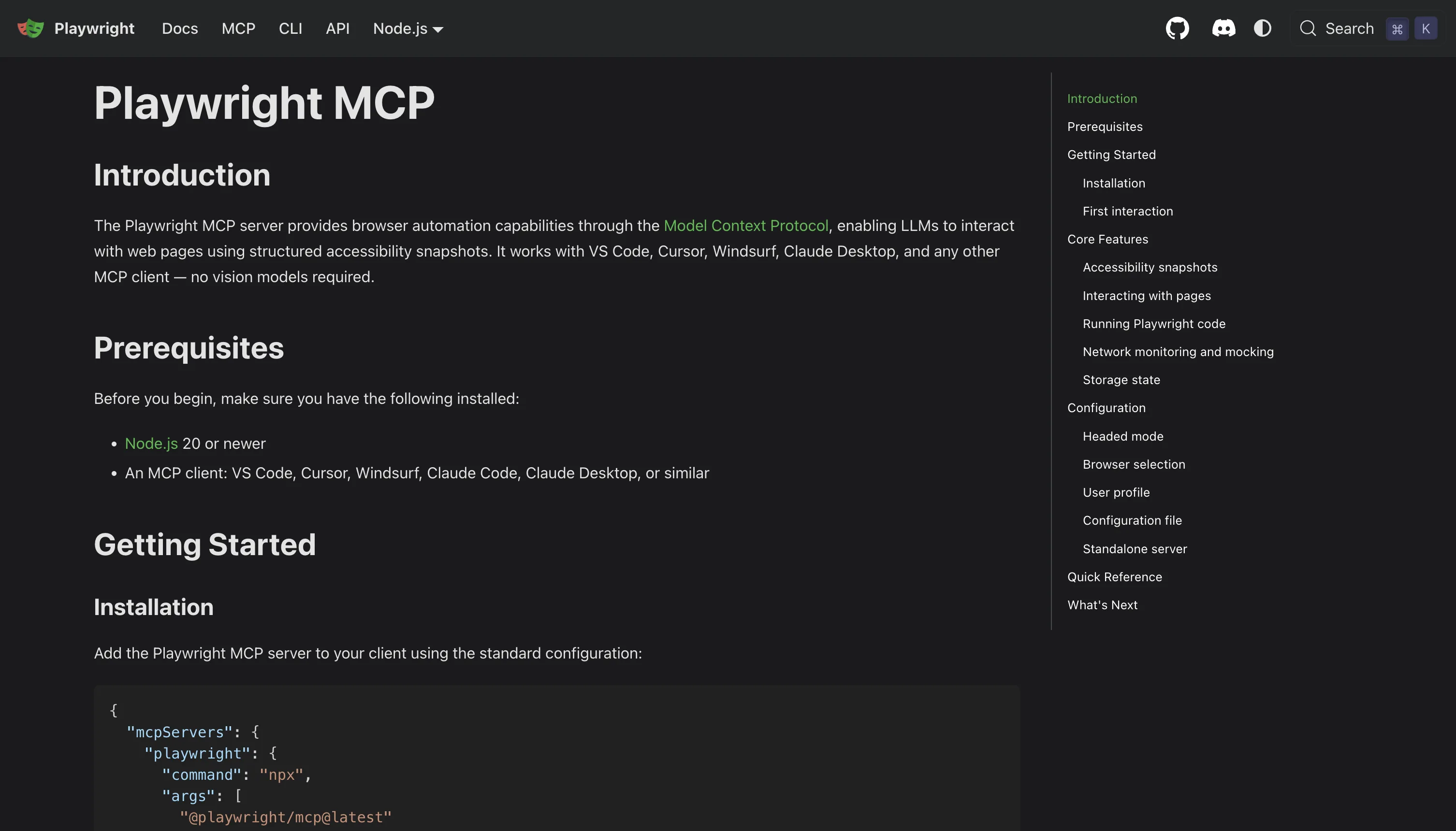 The Playwright MCP documentation page, showing that the server speaks the Model Context Protocol, that it works with VS Code, Cursor, Windsurf, Claude Code, and Claude Desktop as clients, that it needs Node.js 20 or newer, and its installation snippet of an mcpServers entry running npx @playwright/mcp@latest.