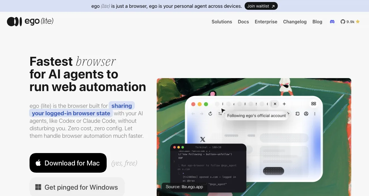 The ego (lite) homepage: a free browser app for provisioning browser state to AI agents like Codex or Claude Code