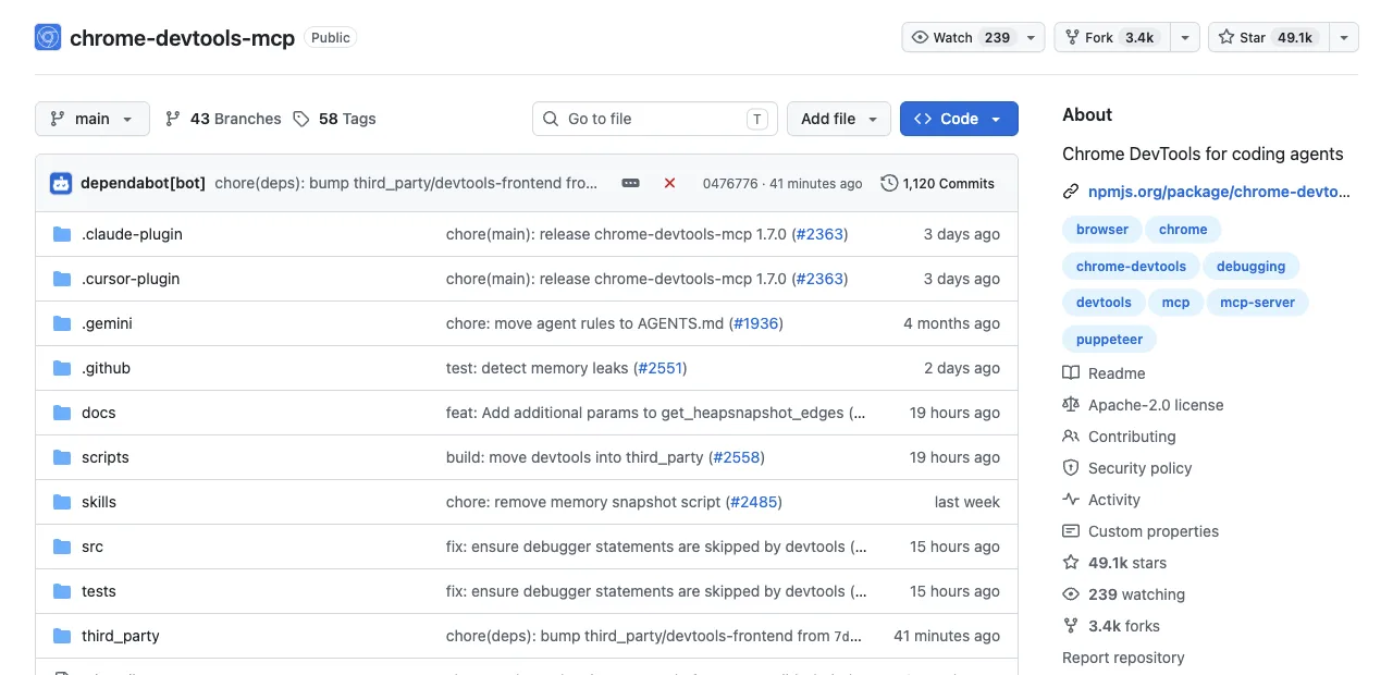 The official ChromeDevTools/chrome-devtools-mcp GitHub repository maintained by the Chrome DevTools team