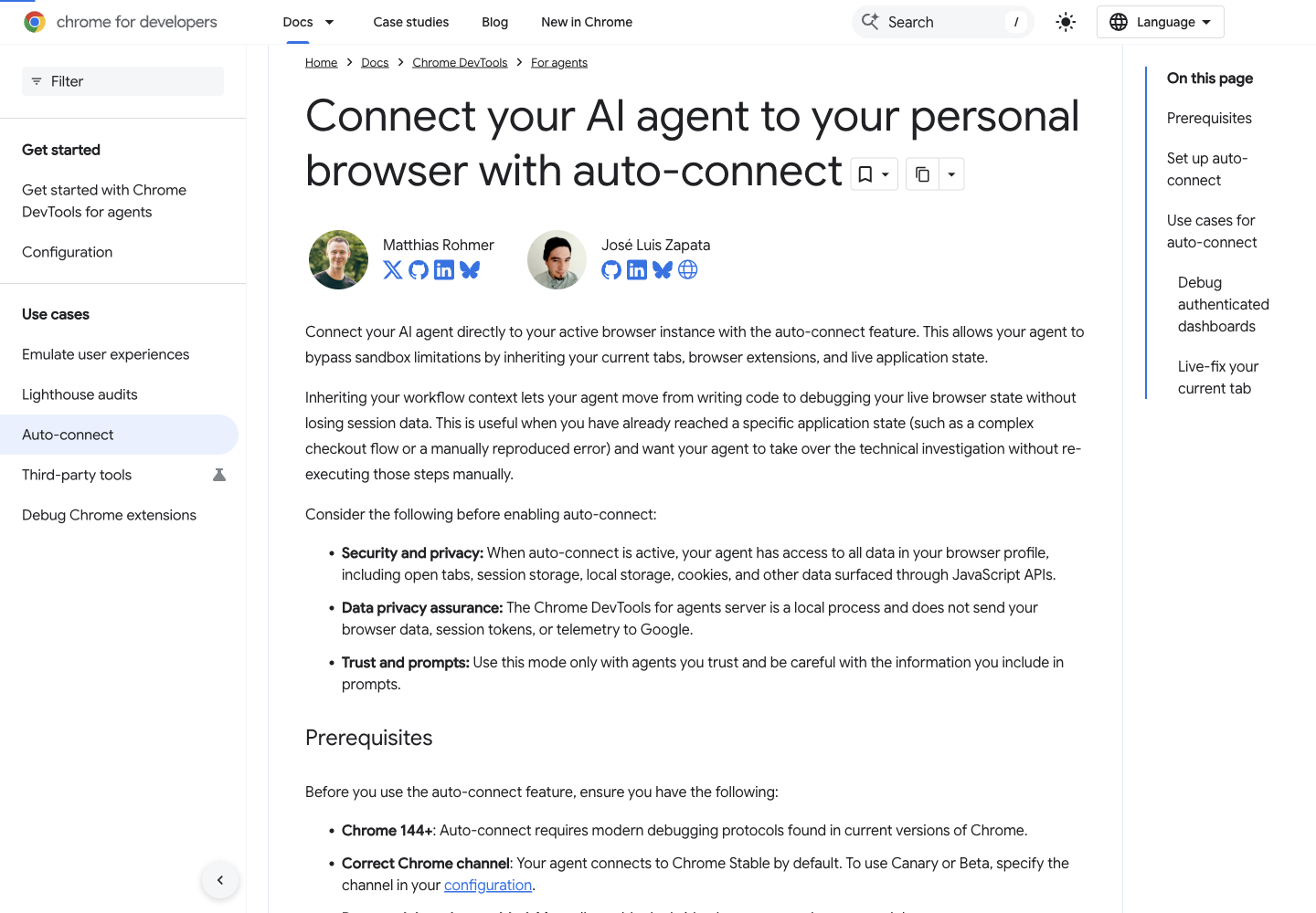 Chrome for Developers official auto-connect guide showing profile-wide access, security boundaries, and the Chrome 144 or newer prerequisite