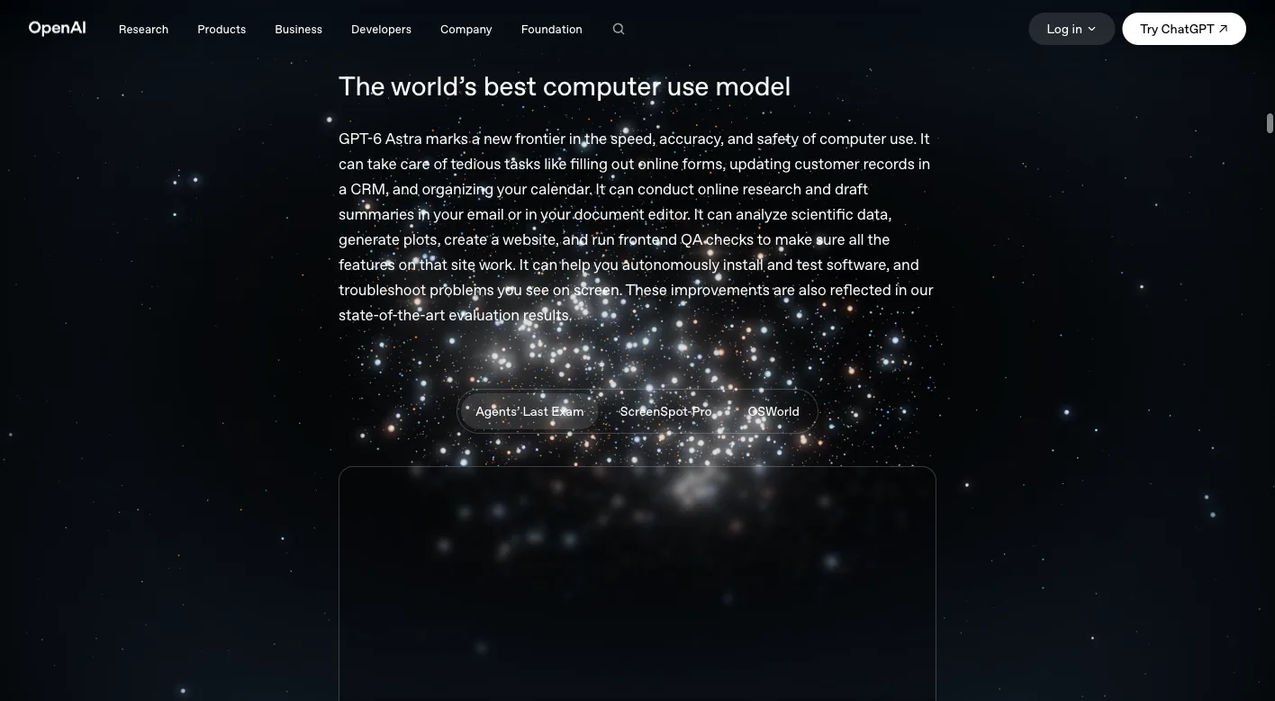 OpenAI GPT-6 Astra computer use section showing supported tasks and benchmark tabs