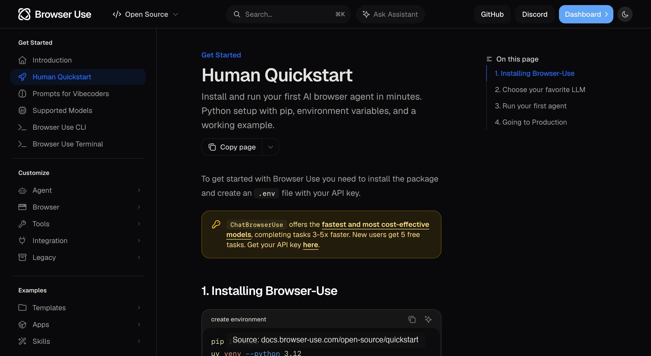 Browser Use's open-source quickstart: install the package, define an Agent with a task string, run it