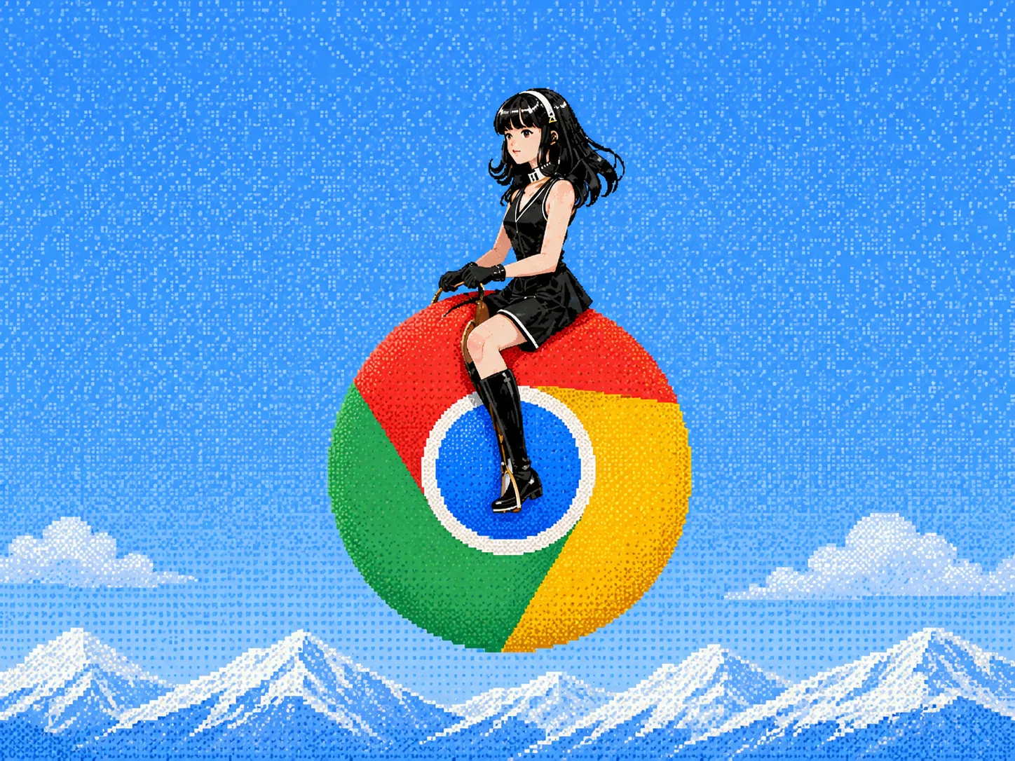 Pixel-art woman riding a Chrome browser logo above snowy mountains, illustrating the Hermes browser extension