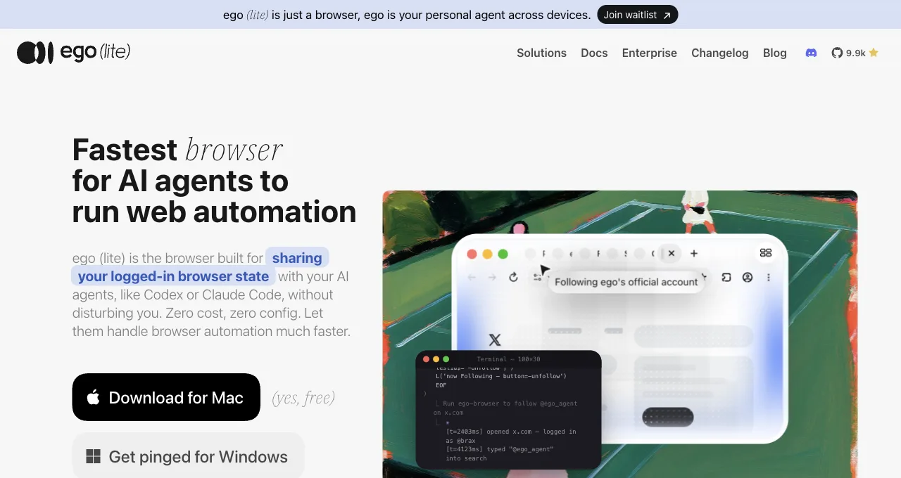 The ego (lite) homepage: a browser built for sharing your logged-in browser state with AI agents like Codex or Claude Code, without disturbing you