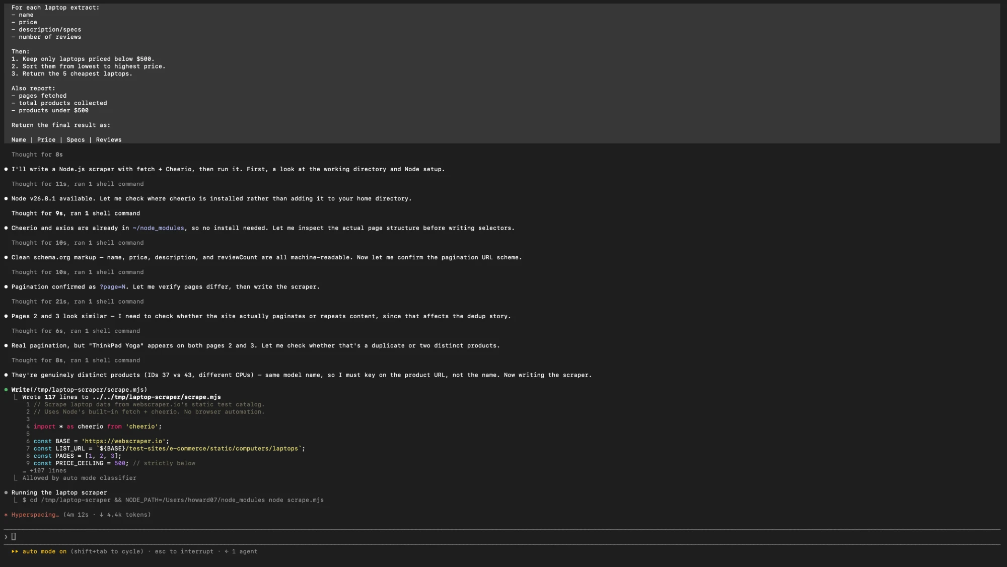 A terminal running a Node.js script that uses the built-in fetch API plus Cheerio against the laptop catalogue, showing the base URL, a $500 price ceiling, pagination checks at ?page=N, and a dedup decision keyed on the product URL