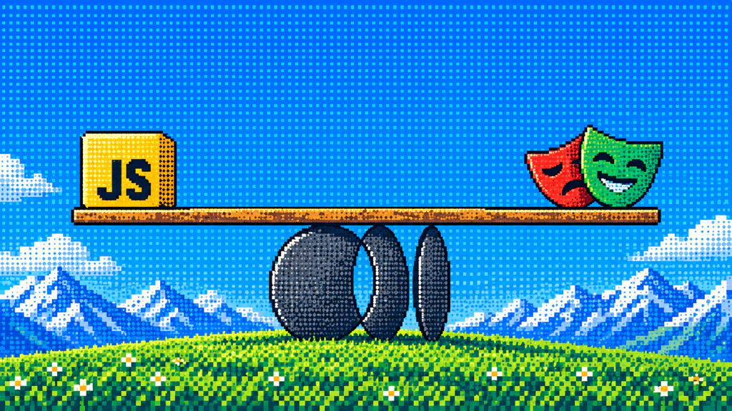 A JS block and comedy and tragedy masks balanced on a blue browser eye above pixel-art mountains and a flower field