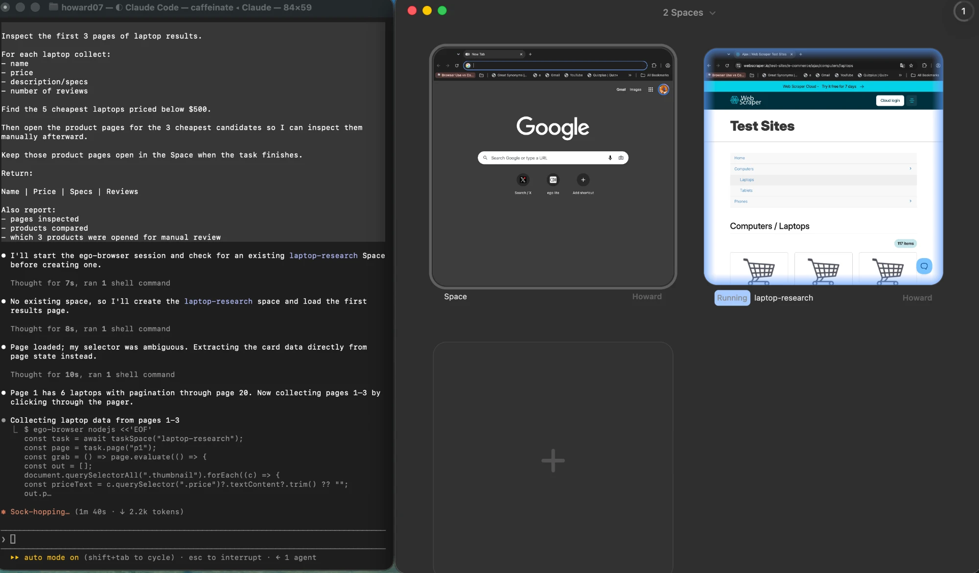 An ego (lite) Space named laptop-research open beside the webscraper.io laptop catalogue that this guide scrapes
